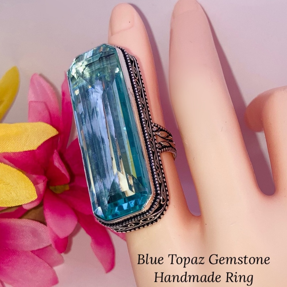 Faceted Blue Topaz Gemstone Chunky Handmade Ring